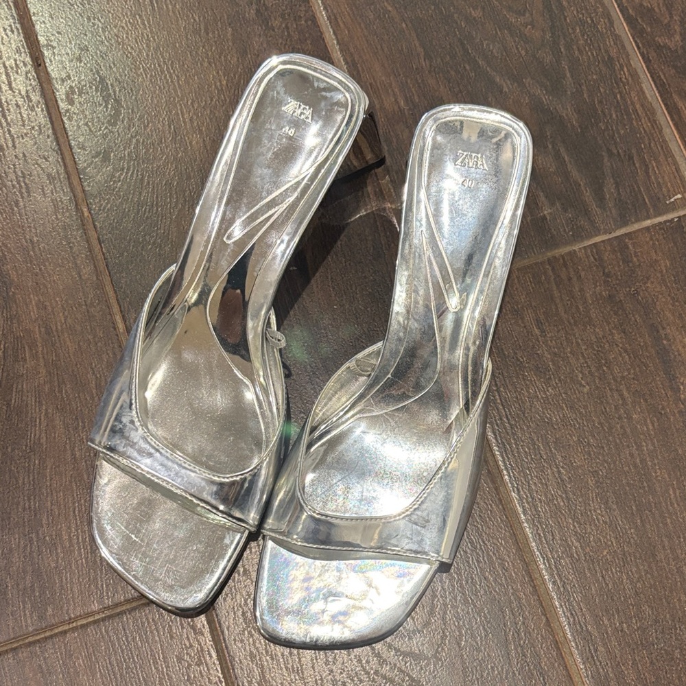 Zara Metallic Silver Heeled Mules
